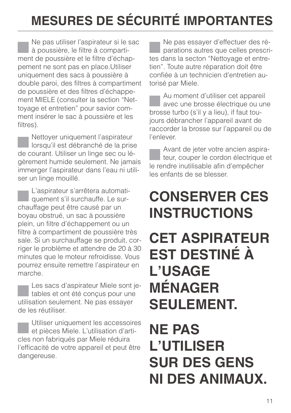 Mesures de sécurité importantes | Miele S140 User Manual | Page 11 / 40