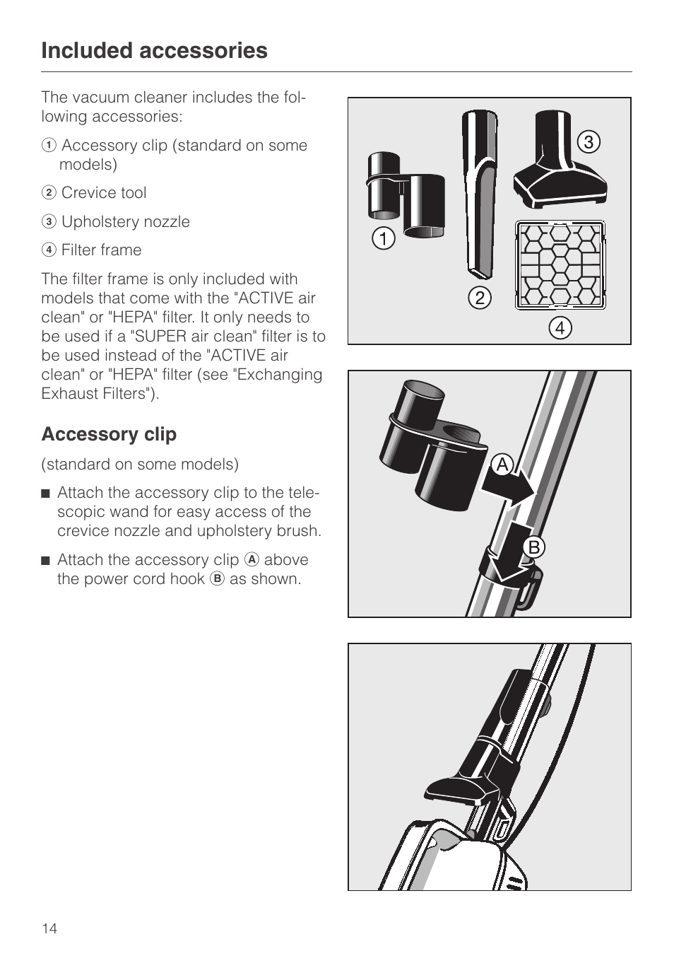 Included accessories 14, Accessory clip 14, Included accessories | Accessory clip | Miele S140 User Manual | Page 14 / 40
