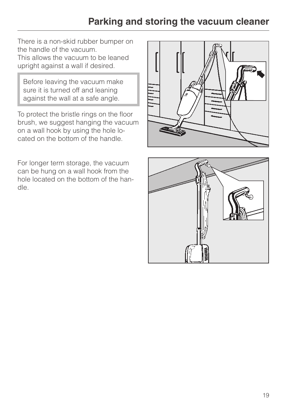 Parking and storing the vacuum cleaner 19, Parking and storing the vacuum cleaner | Miele S140 User Manual | Page 19 / 40