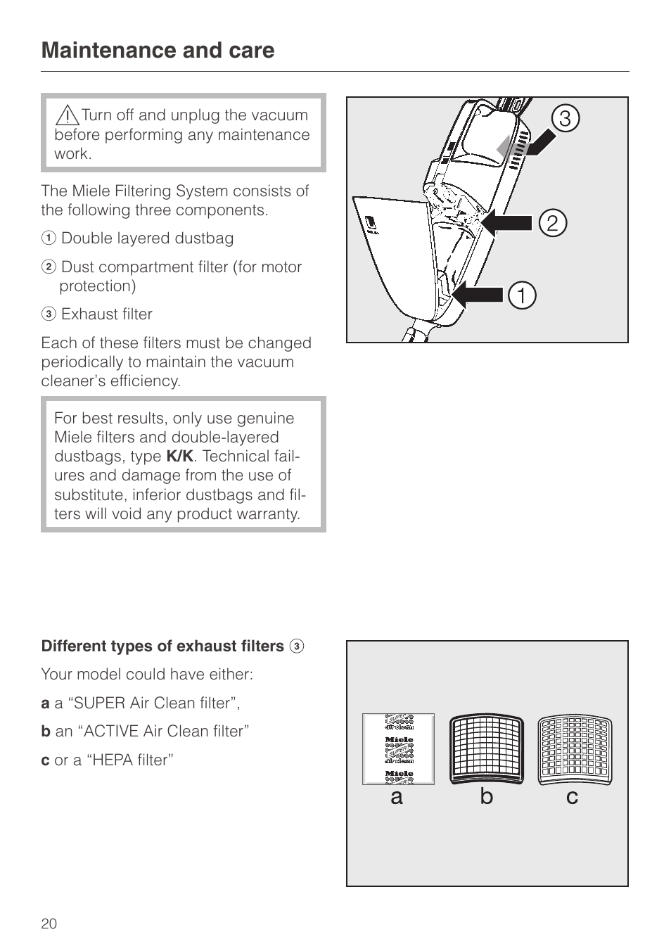 Maintenance and care 20, Maintenance and care | Miele S140 User Manual | Page 20 / 40