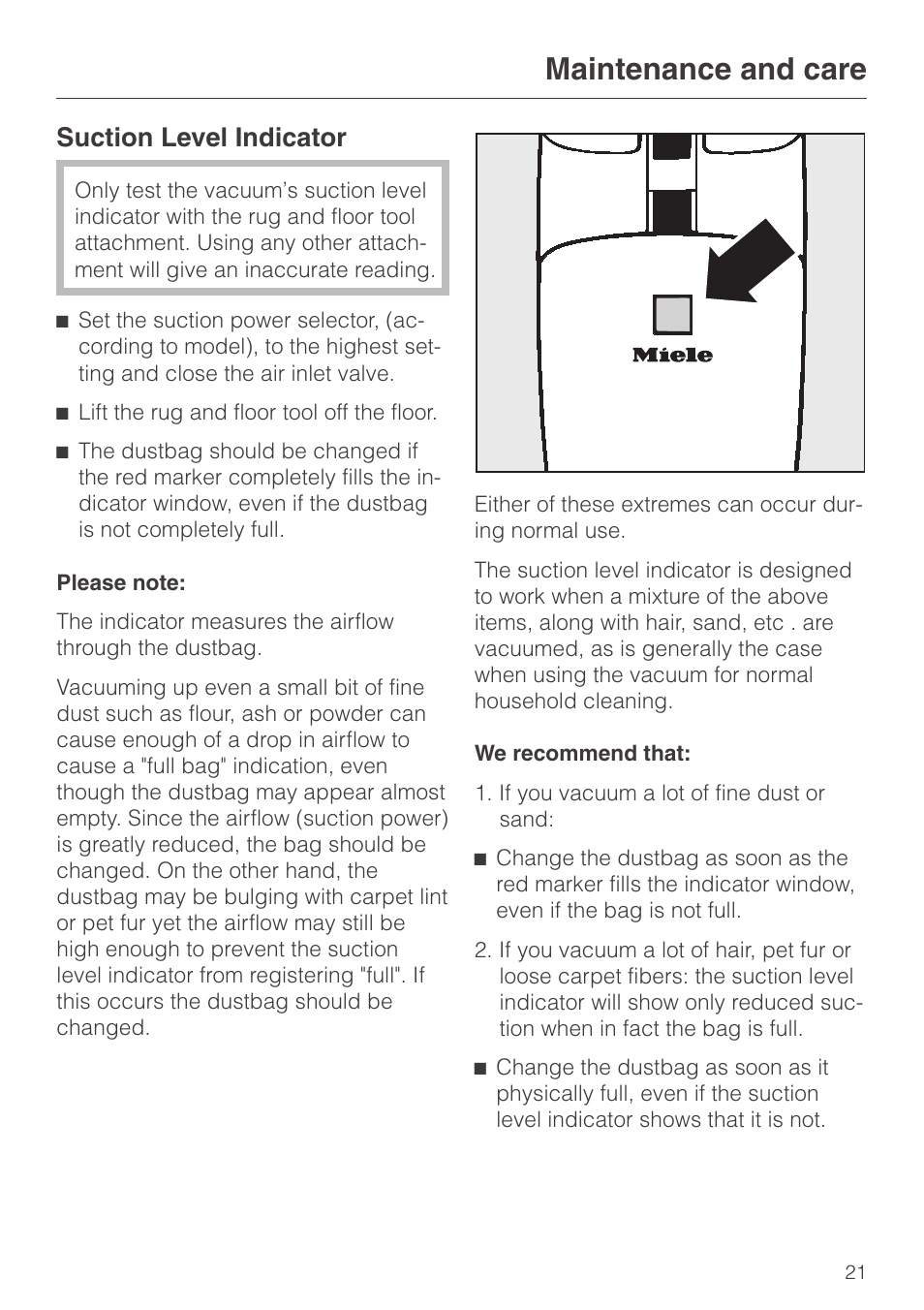 Suction level indicator 21, Suction level indicator, Maintenance and care | Miele S140 User Manual | Page 21 / 40