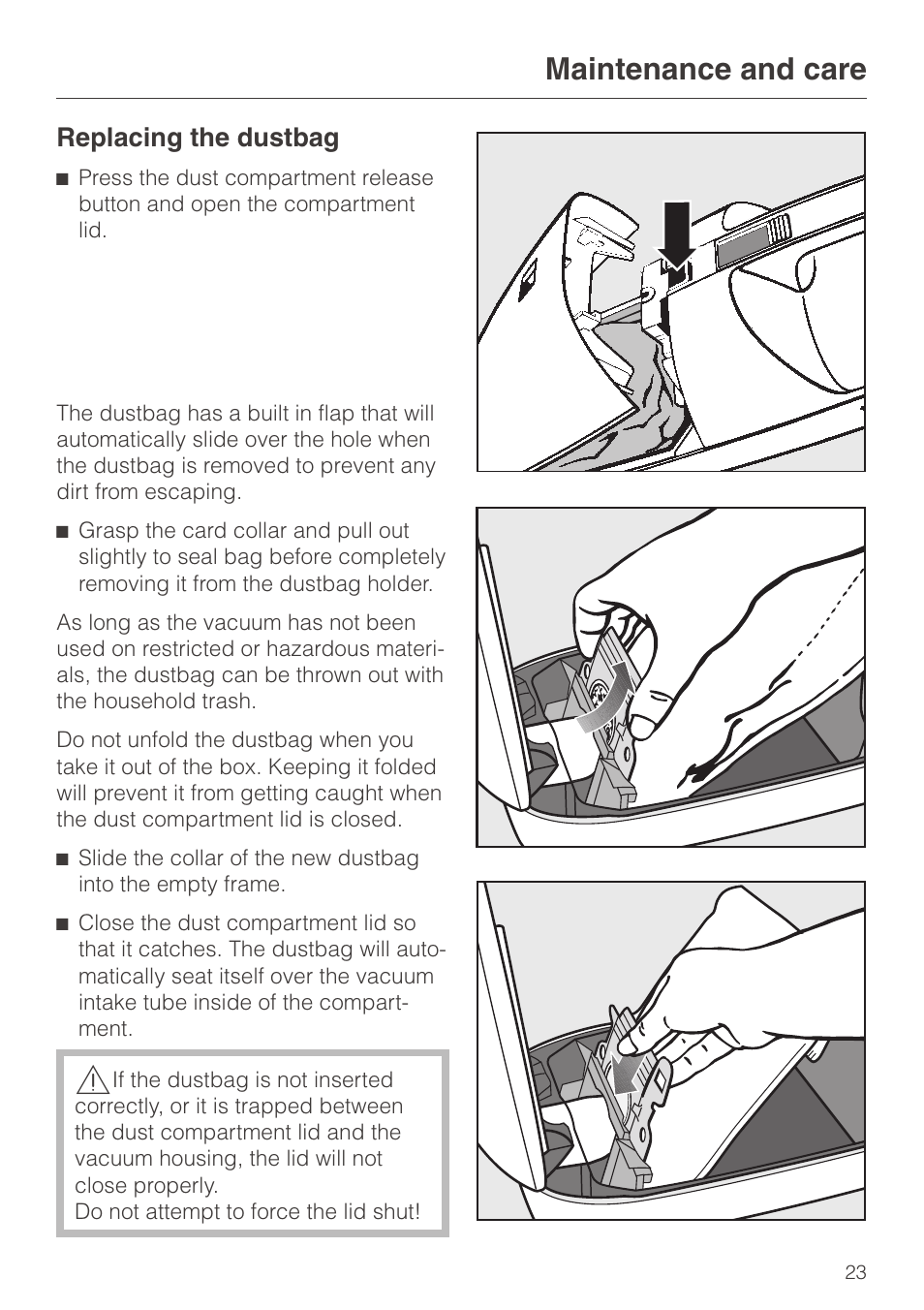 Replacing the dustbag 23, Replacing the dustbag, Maintenance and care | Miele S140 User Manual | Page 23 / 40