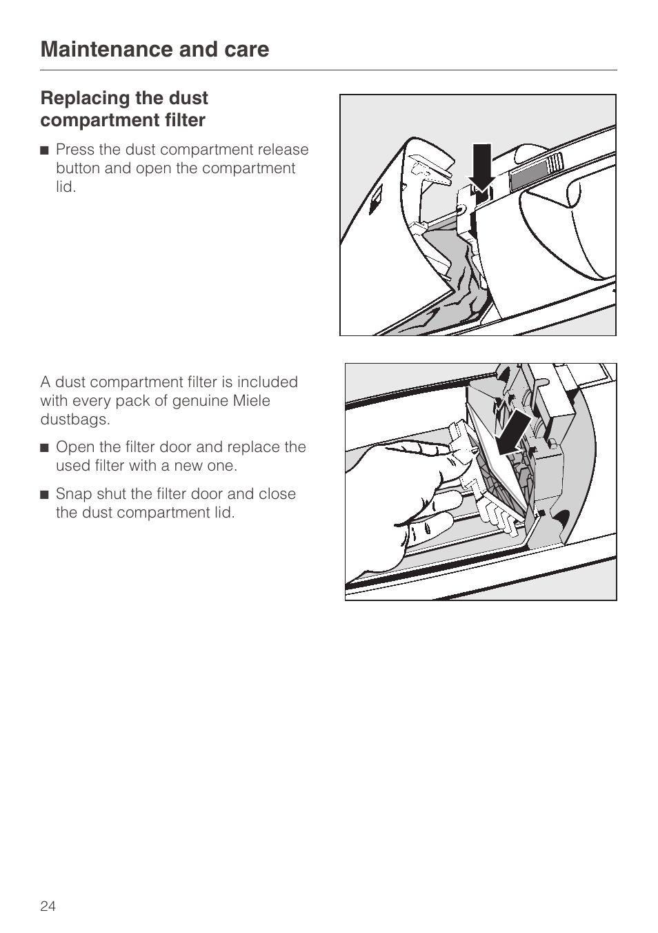Replacing the dust compartment filter 24, Replacing the dust compartment filter, Maintenance and care | Miele S140 User Manual | Page 24 / 40