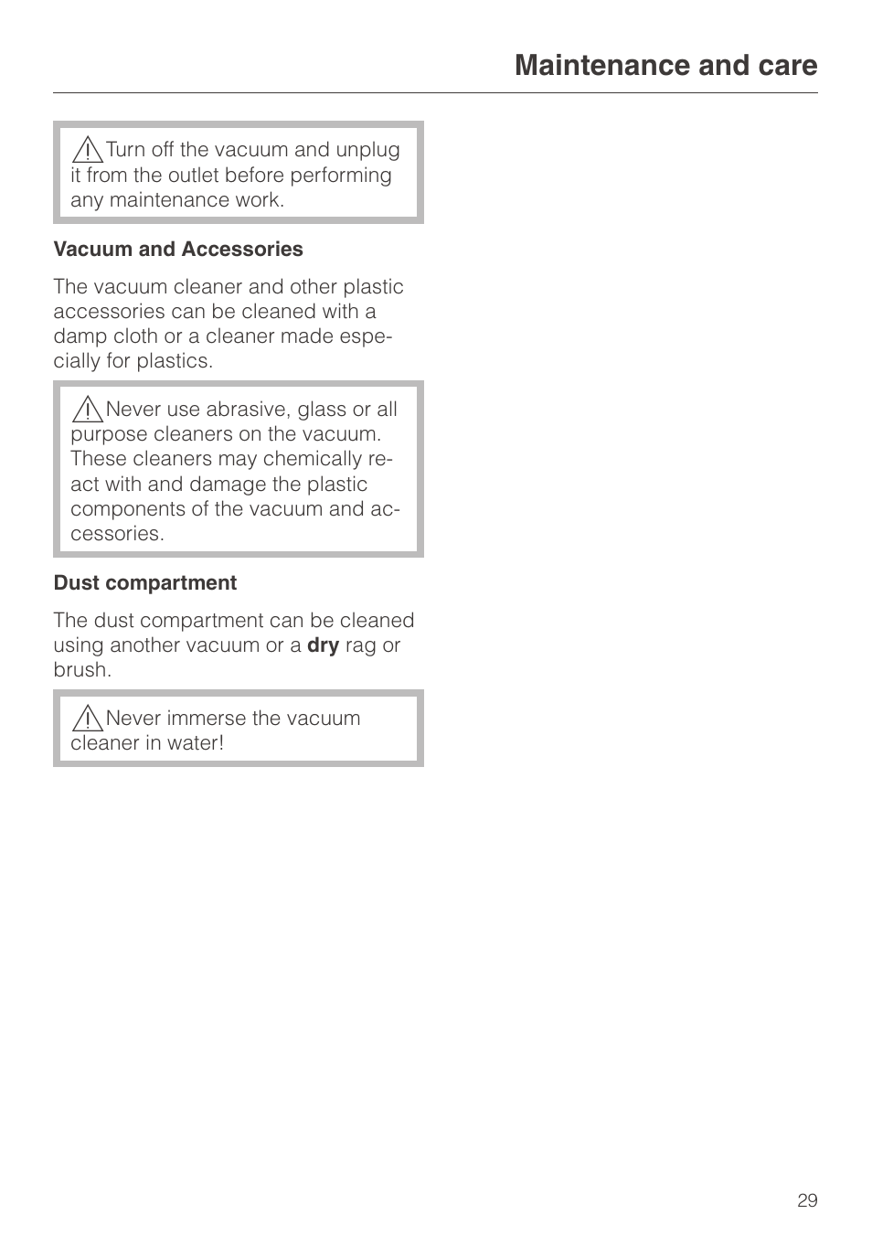 Maintenance and care 29, Maintenance and care | Miele S140 User Manual | Page 29 / 40