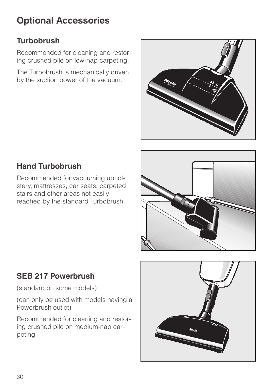 Optional accessories 30, Optional accessories | Miele S140 User Manual | Page 30 / 40