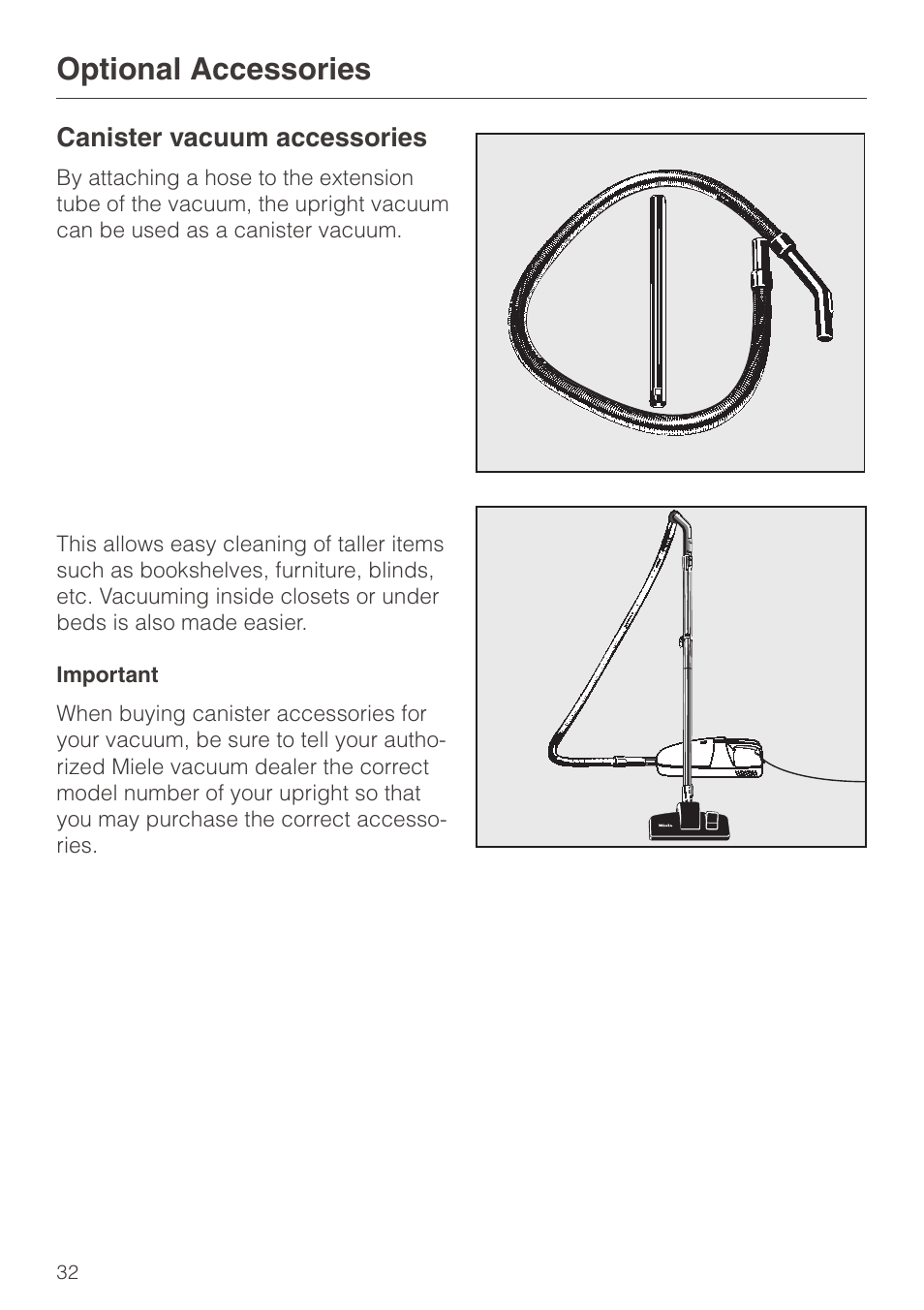 Optional accessories | Miele S140 User Manual | Page 32 / 40