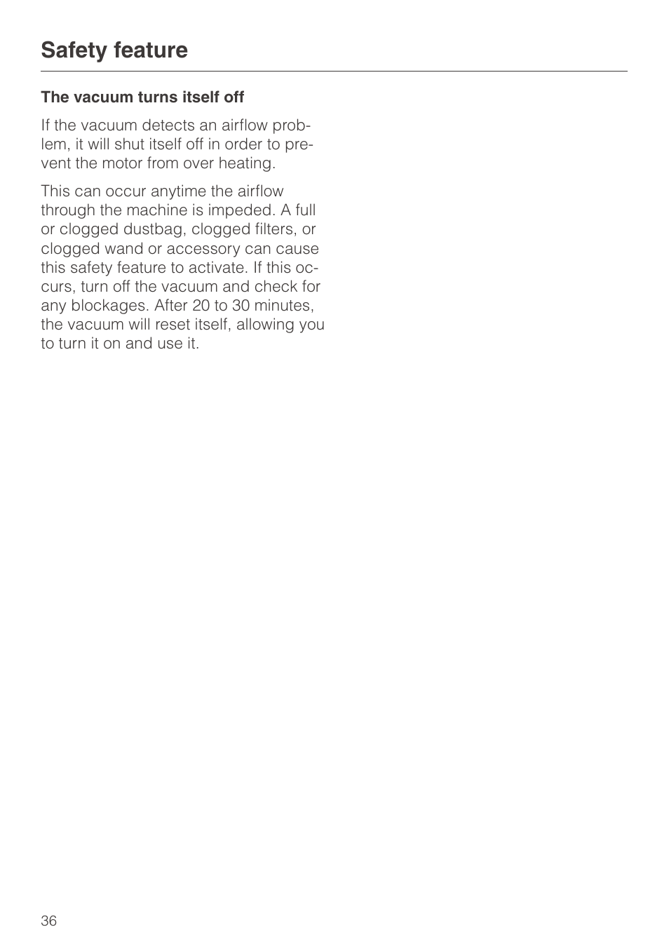Safety feature 36, Safety feature | Miele S140 User Manual | Page 36 / 40