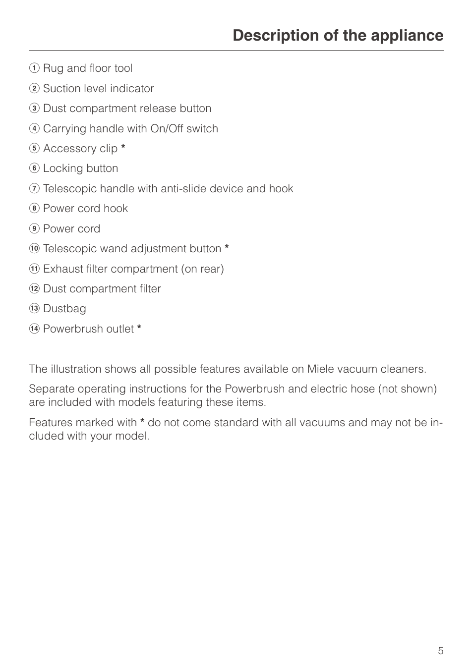 Description of the appliance | Miele S140 User Manual | Page 5 / 40
