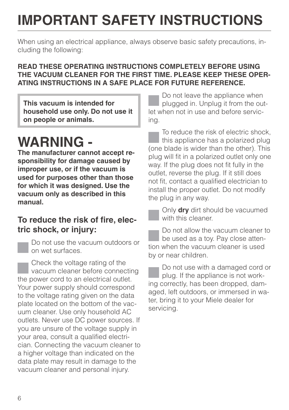 Important safety instructions 6, Important safety instructions, Warning | Miele S140 User Manual | Page 6 / 40