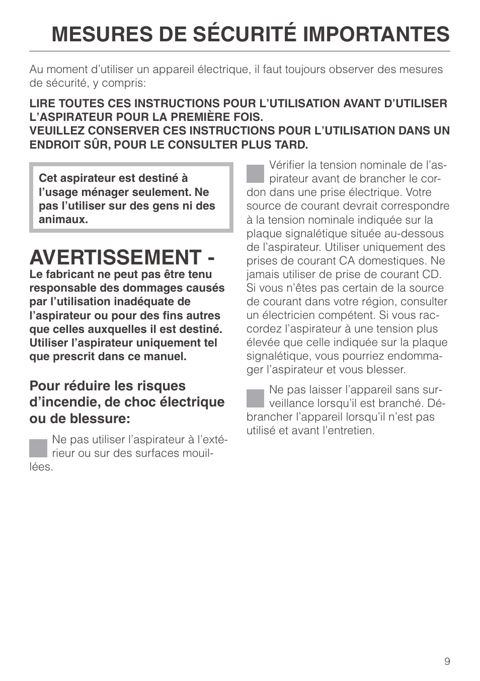 Mesures de sécurité importantes 9, Mesures de sécurité importantes, Avertissement | Miele S140 User Manual | Page 9 / 40