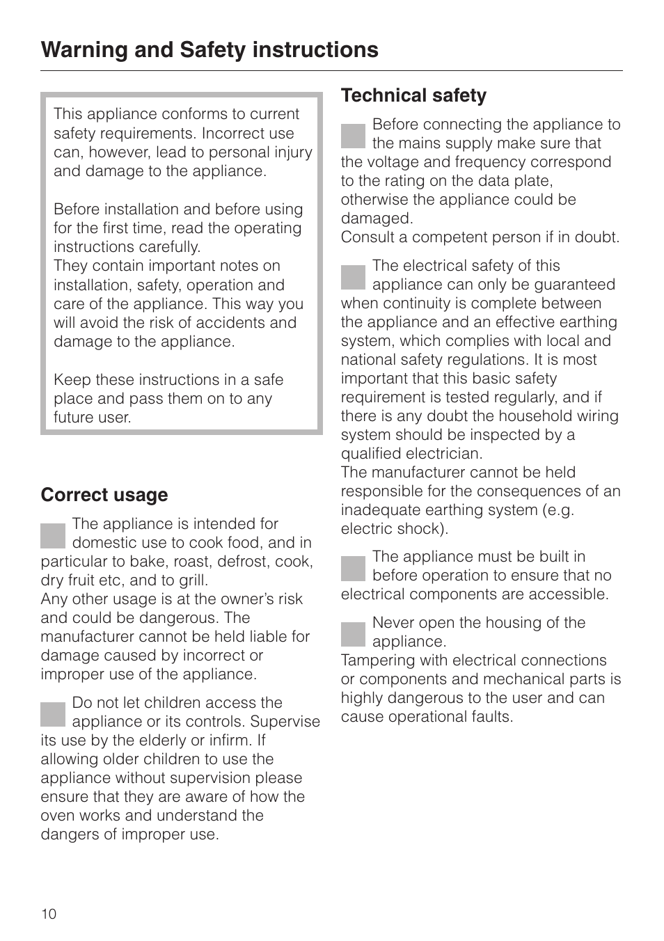 Warning and safety instructions 10, Warning and safety instructions, Correct usage | Technical safety | Miele H334B User Manual | Page 10 / 76