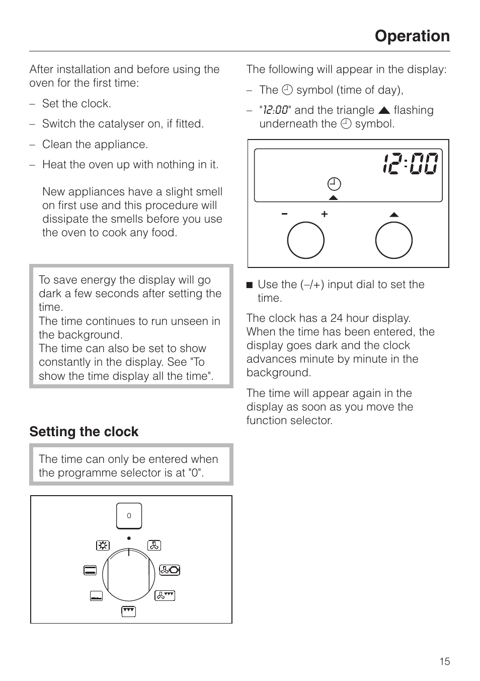 Operation 15, Setting the clock 15, Operation | Setting the clock | Miele H334B User Manual | Page 15 / 76
