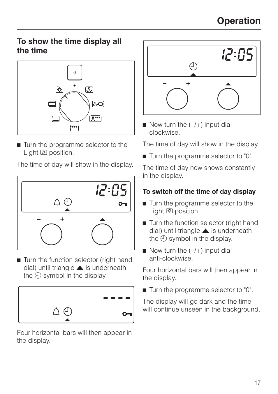 To show the time display all the time 17, To switch off the time of day display 17, To show the time display all the time | To switch off the time of day display, Operation | Miele H334B User Manual | Page 17 / 76