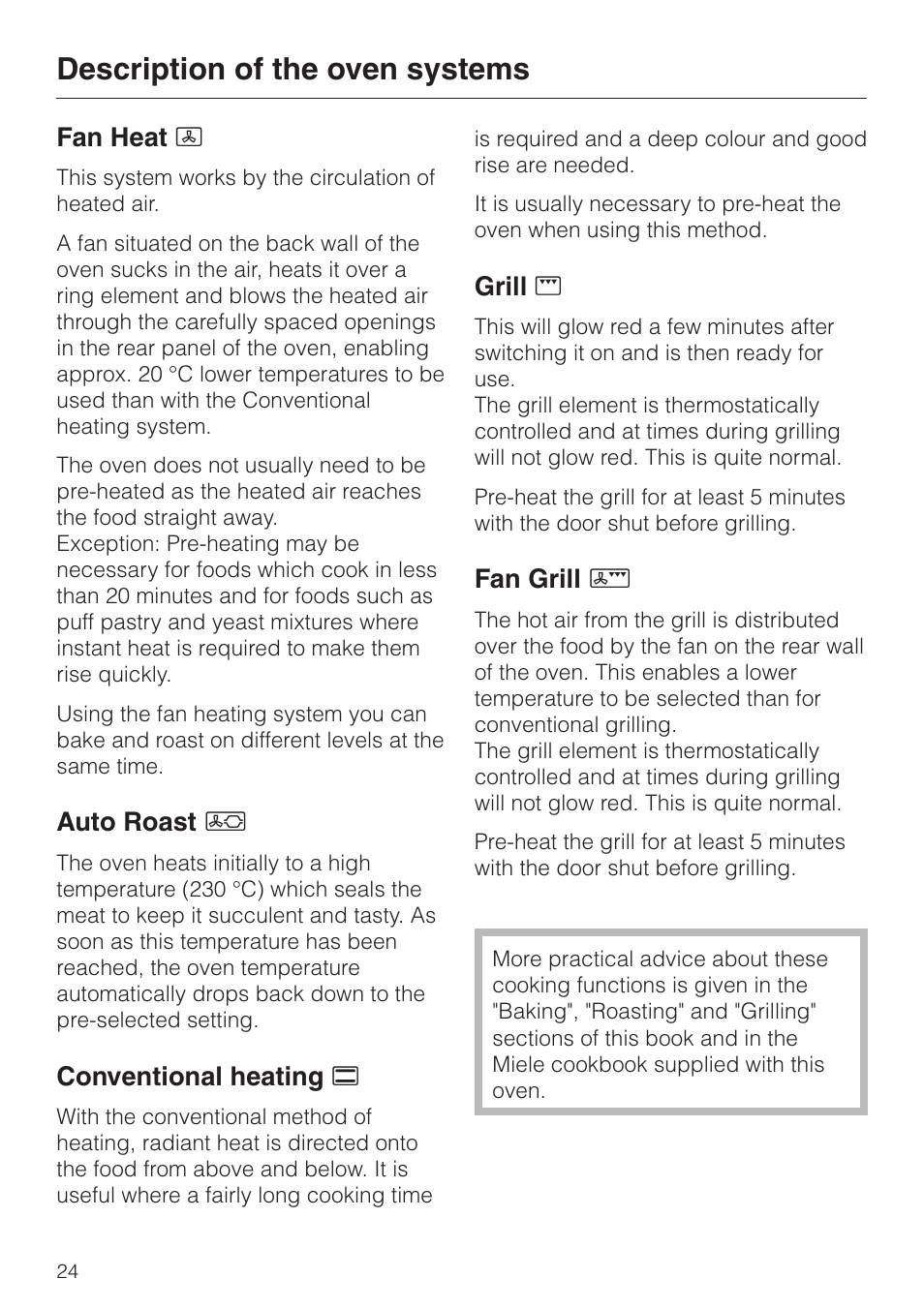 Description of the oven systems 24, Description of the oven systems | Miele H334B User Manual | Page 24 / 76