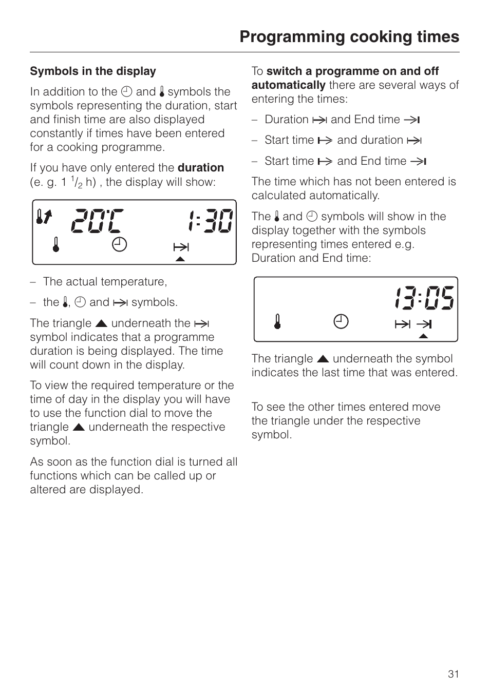 Symbols in the display 31, Symbols in the display, Programming cooking times | Miele H334B User Manual | Page 31 / 76