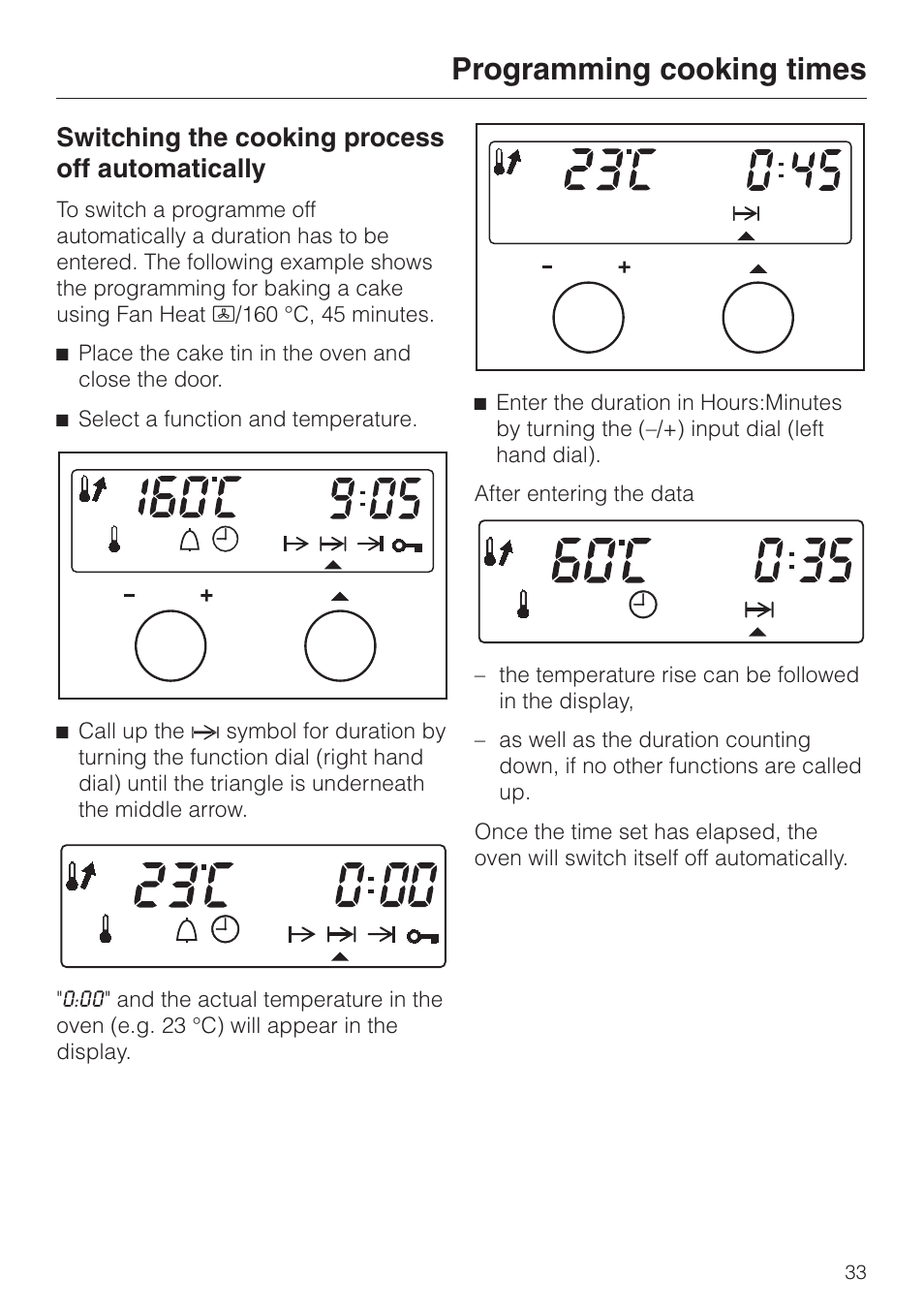 Switching the cooking process off automatically 33, Switching the cooking process off automatically, Programming cooking times | Miele H334B User Manual | Page 33 / 76