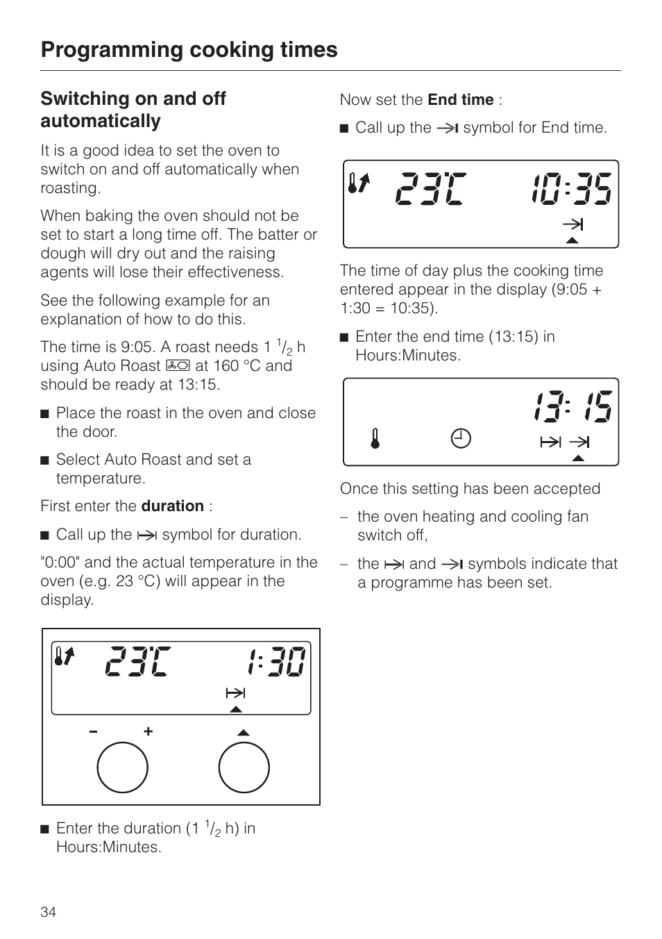 Switching on and off automatically 34, Switching on and off automatically, Programming cooking times | Miele H334B User Manual | Page 34 / 76