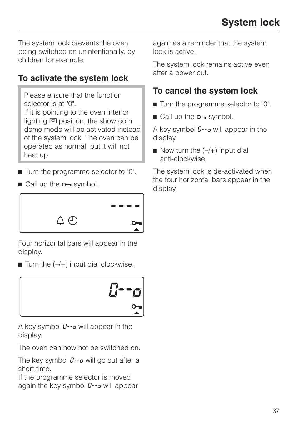 System lock 37, System lock | Miele H334B User Manual | Page 37 / 76