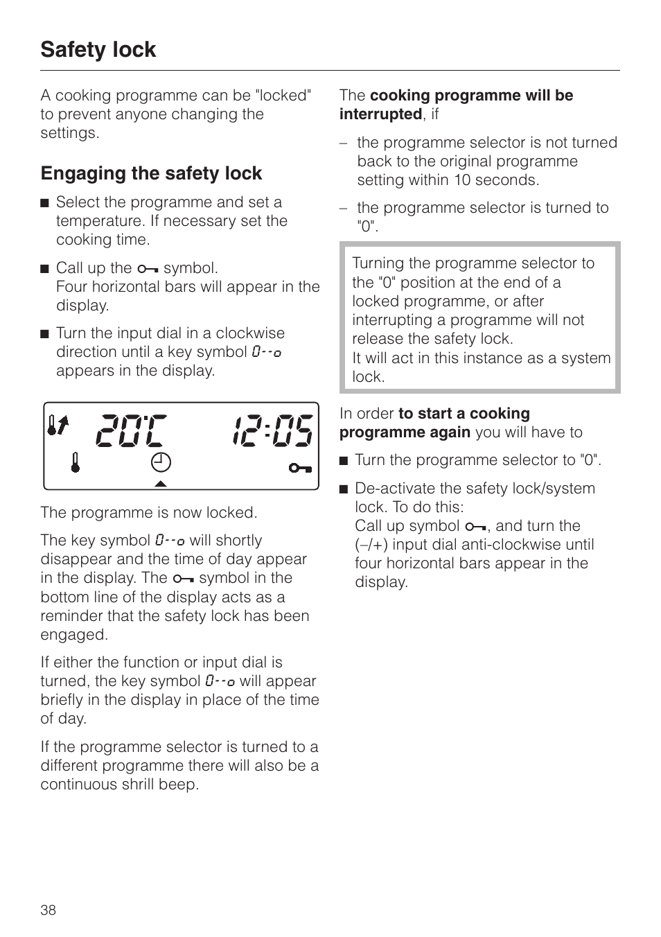 Safety lock 38, Safety lock, Engaging the safety lock | Miele H334B User Manual | Page 38 / 76