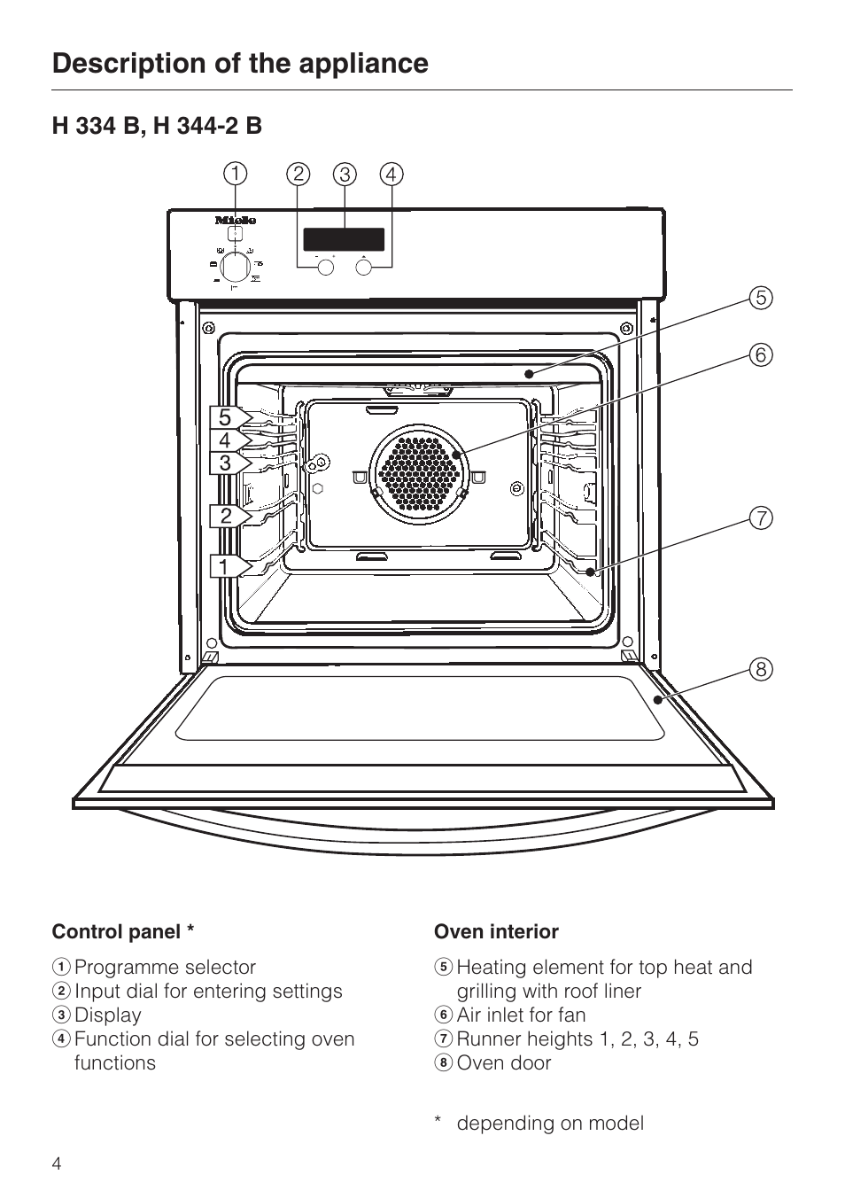 Description of the appliance 4, H 334 b, h 344-2 b 4, Description of the appliance | H 334 b, h 344-2 b | Miele H334B User Manual | Page 4 / 76