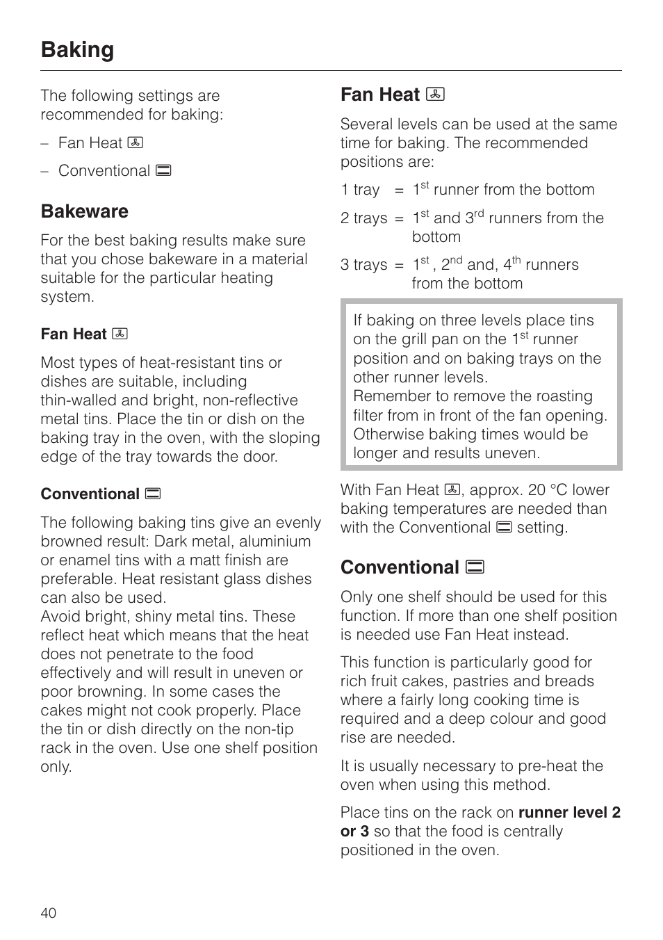 Baking 40, Baking, Bakeware | Fan heat d, Conventional a | Miele H334B User Manual | Page 40 / 76