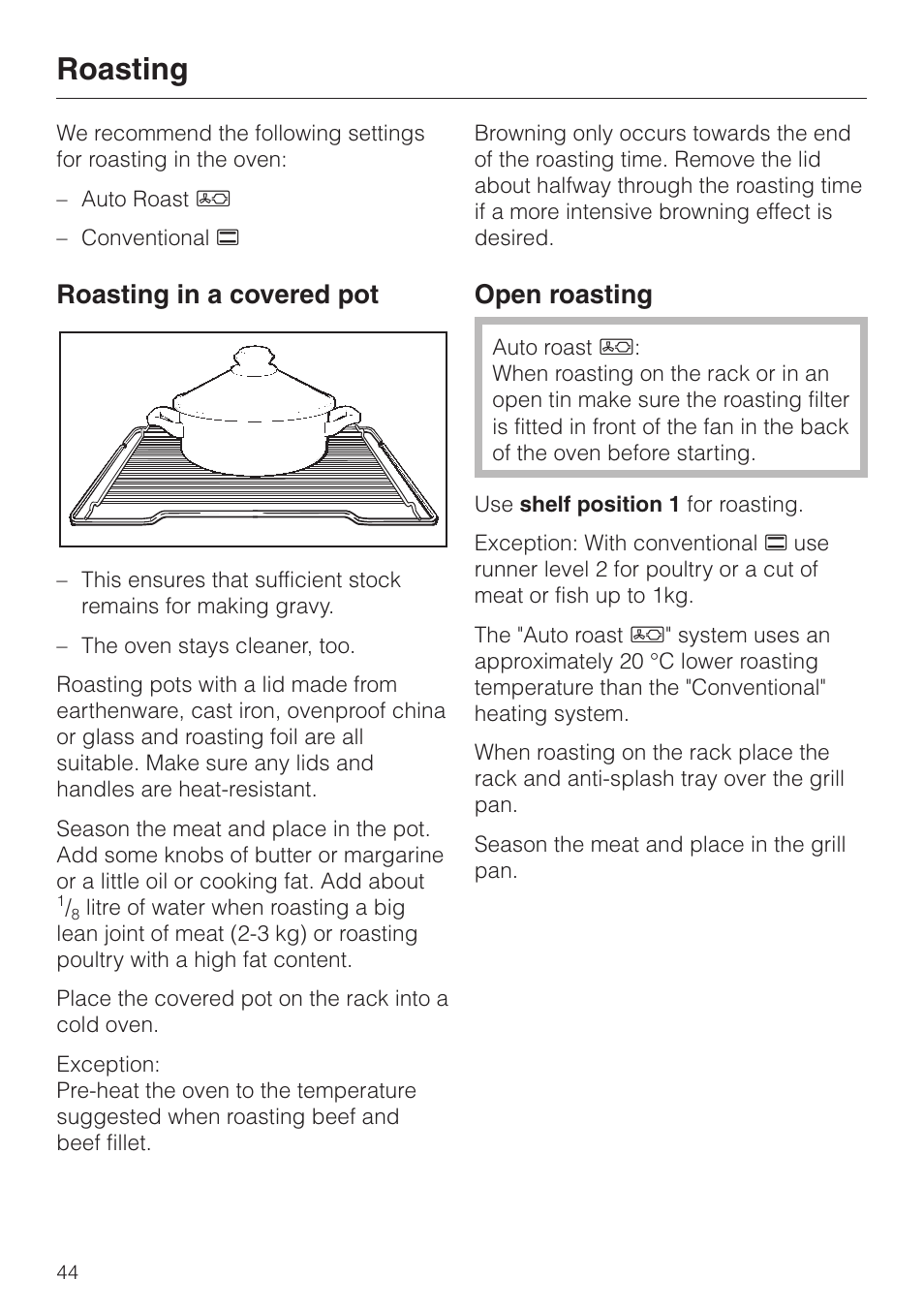 Roasting 44, Roasting, Roasting in a covered pot | Open roasting | Miele H334B User Manual | Page 44 / 76