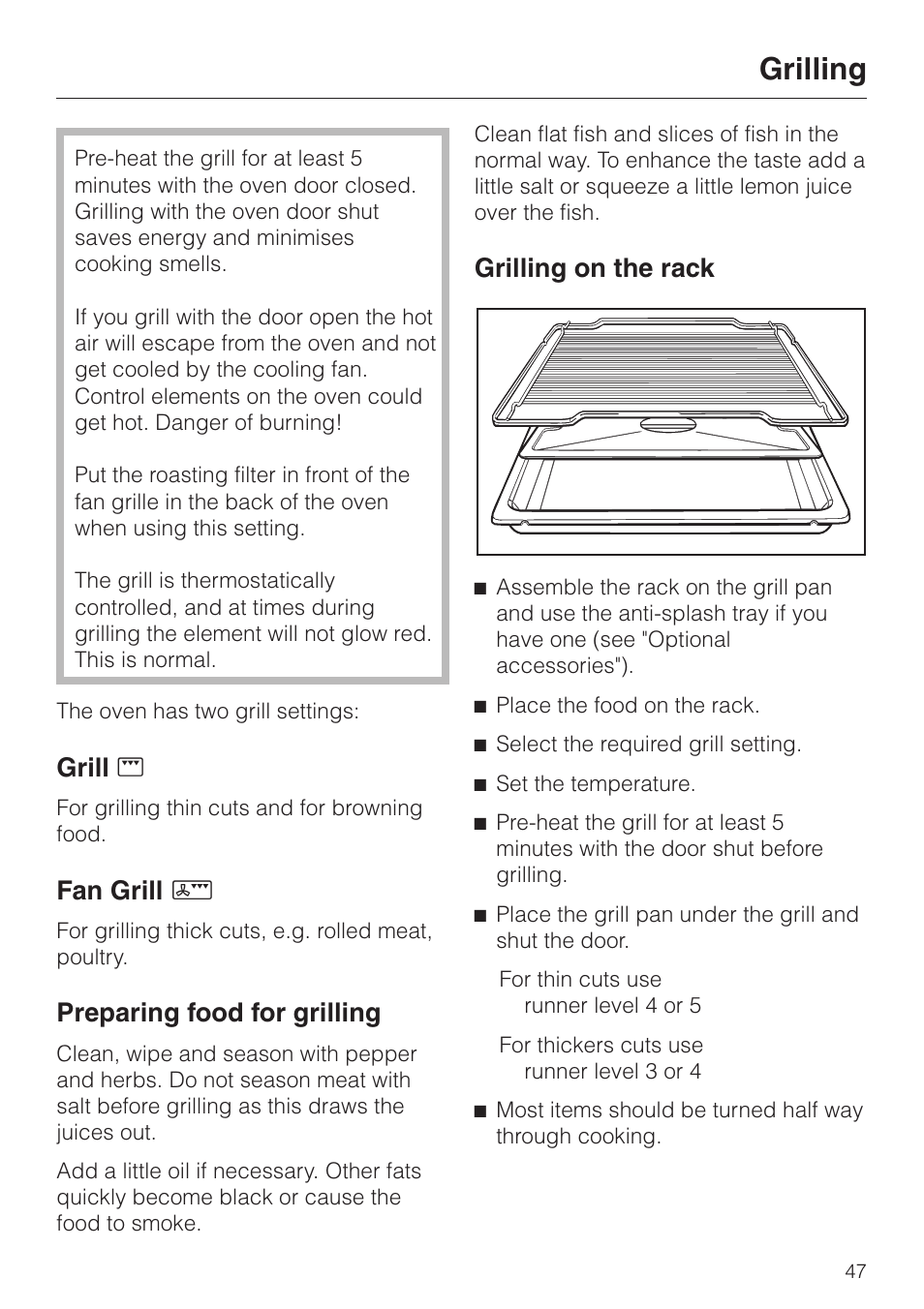 Grilling 47, Grilling, Grill n | Fan grill n, Preparing food for grilling, Grilling on the rack | Miele H334B User Manual | Page 47 / 76
