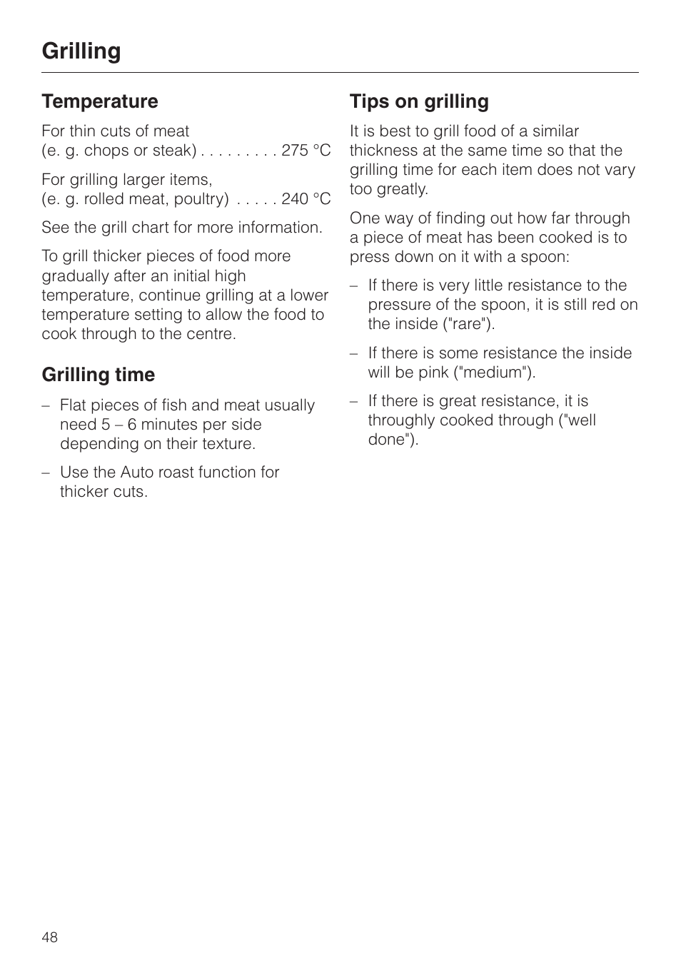 Grilling, Temperature, Grilling time | Tips on grilling | Miele H334B User Manual | Page 48 / 76