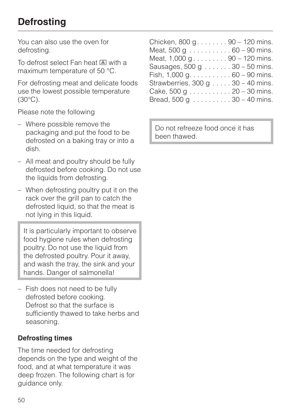 Defrosting 50, Defrosting | Miele H334B User Manual | Page 50 / 76