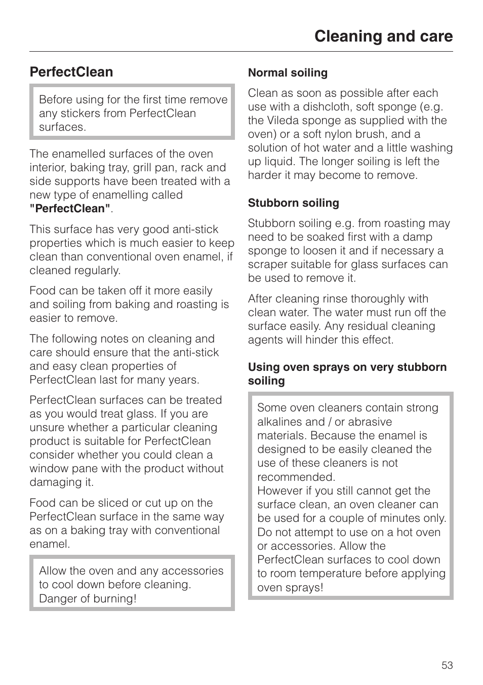 Perfectclean 53, Perfectclean, Cleaning and care | Miele H334B User Manual | Page 53 / 76