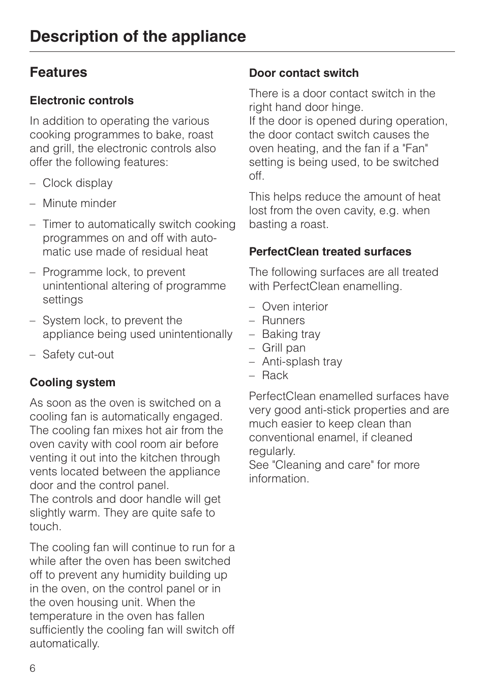 Features 6, Features, Description of the appliance | Miele H334B User Manual | Page 6 / 76