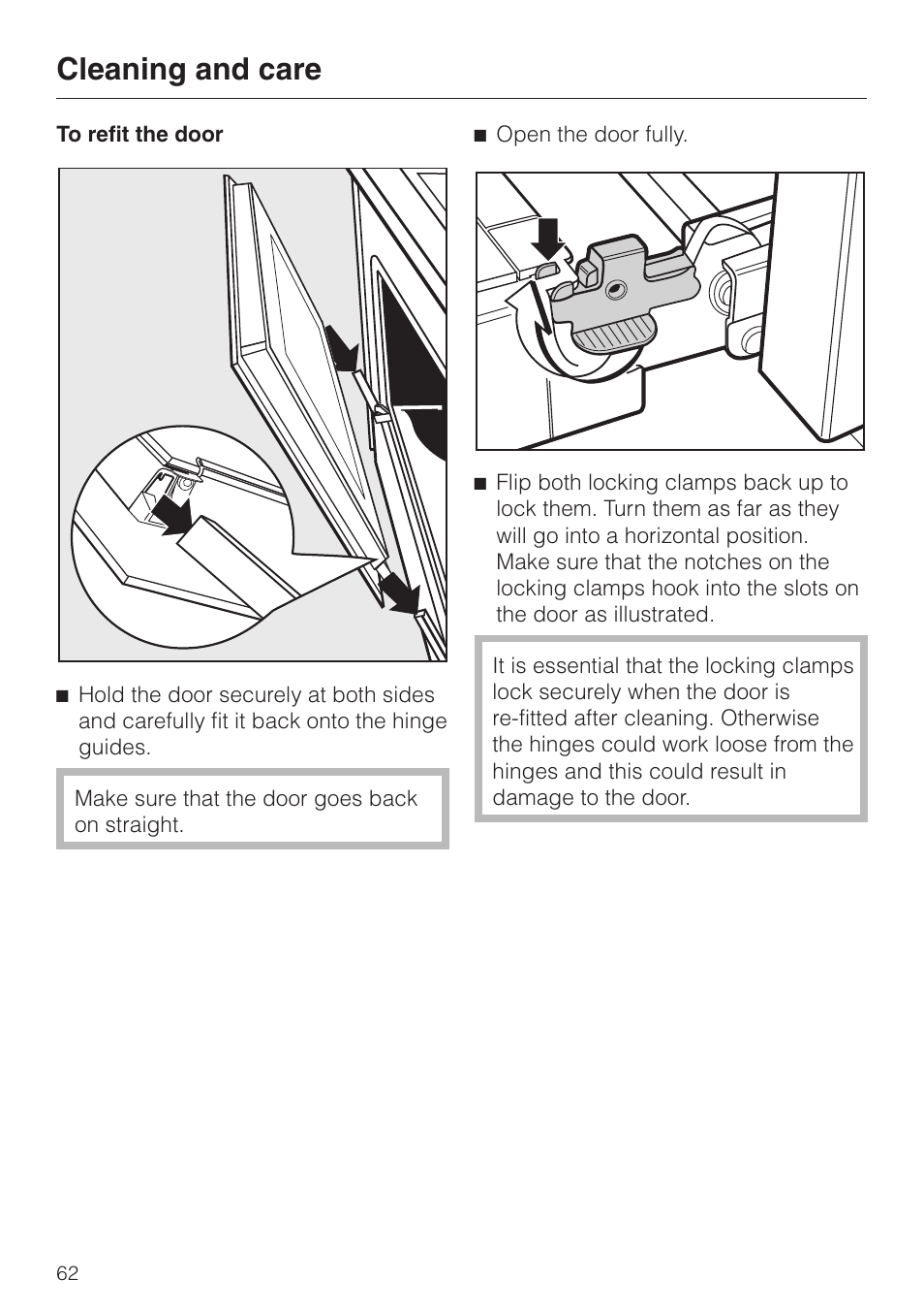 To refit the door 62, To refit the door, Cleaning and care | Miele H334B User Manual | Page 62 / 76