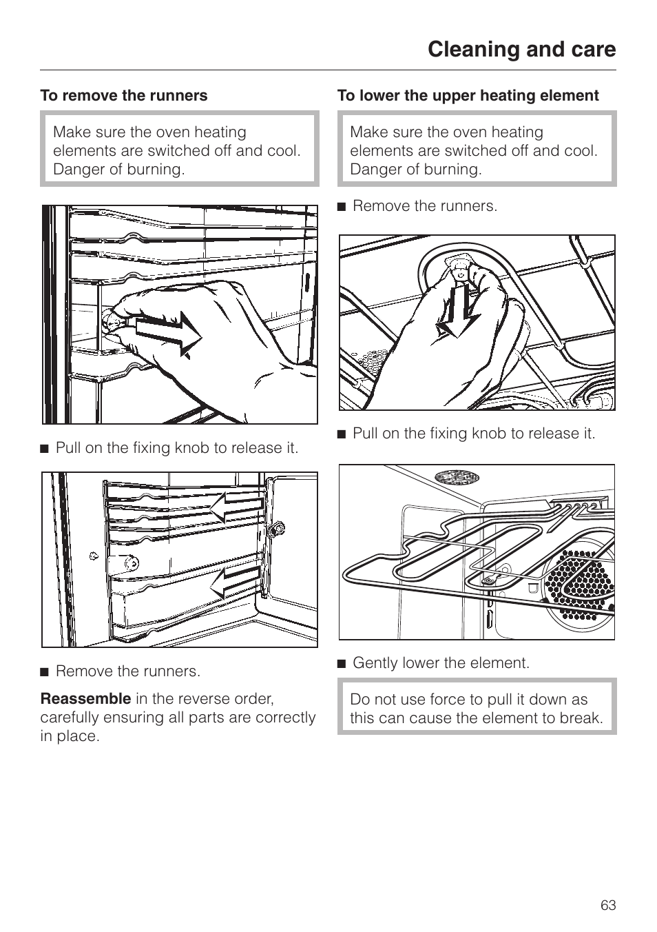 To remove the runners 63, To lower the upper heating element 63, Cleaning and care | Miele H334B User Manual | Page 63 / 76