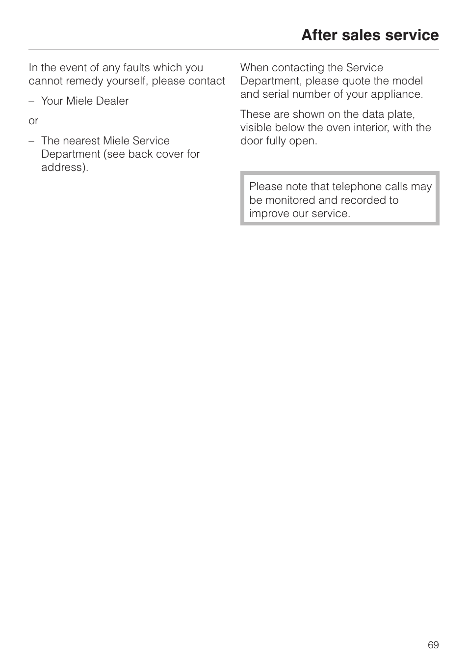 After sales service 69, After sales service | Miele H334B User Manual | Page 69 / 76