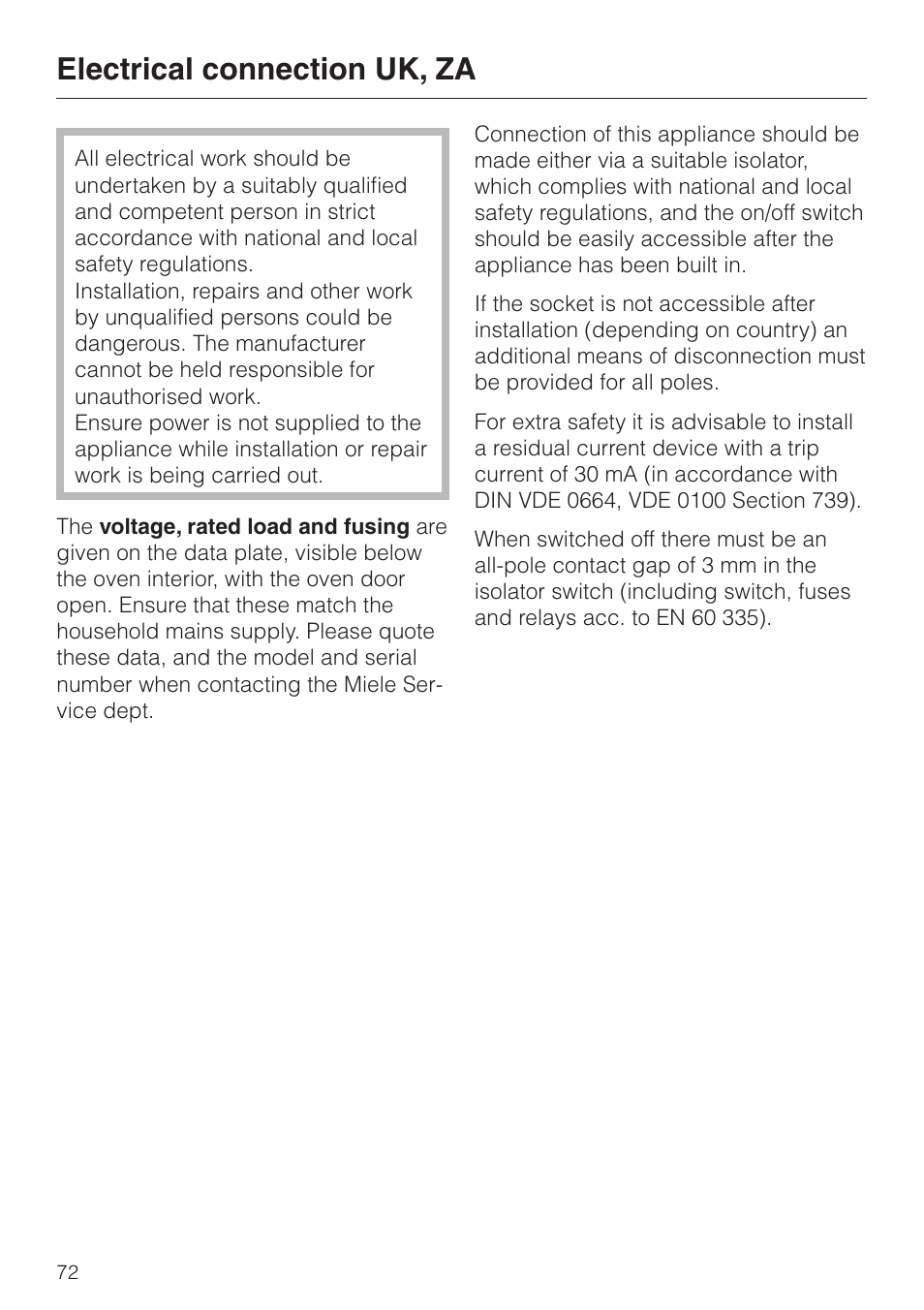 Electrical connection uk, za 72, Electrical connection uk, za | Miele H334B User Manual | Page 72 / 76