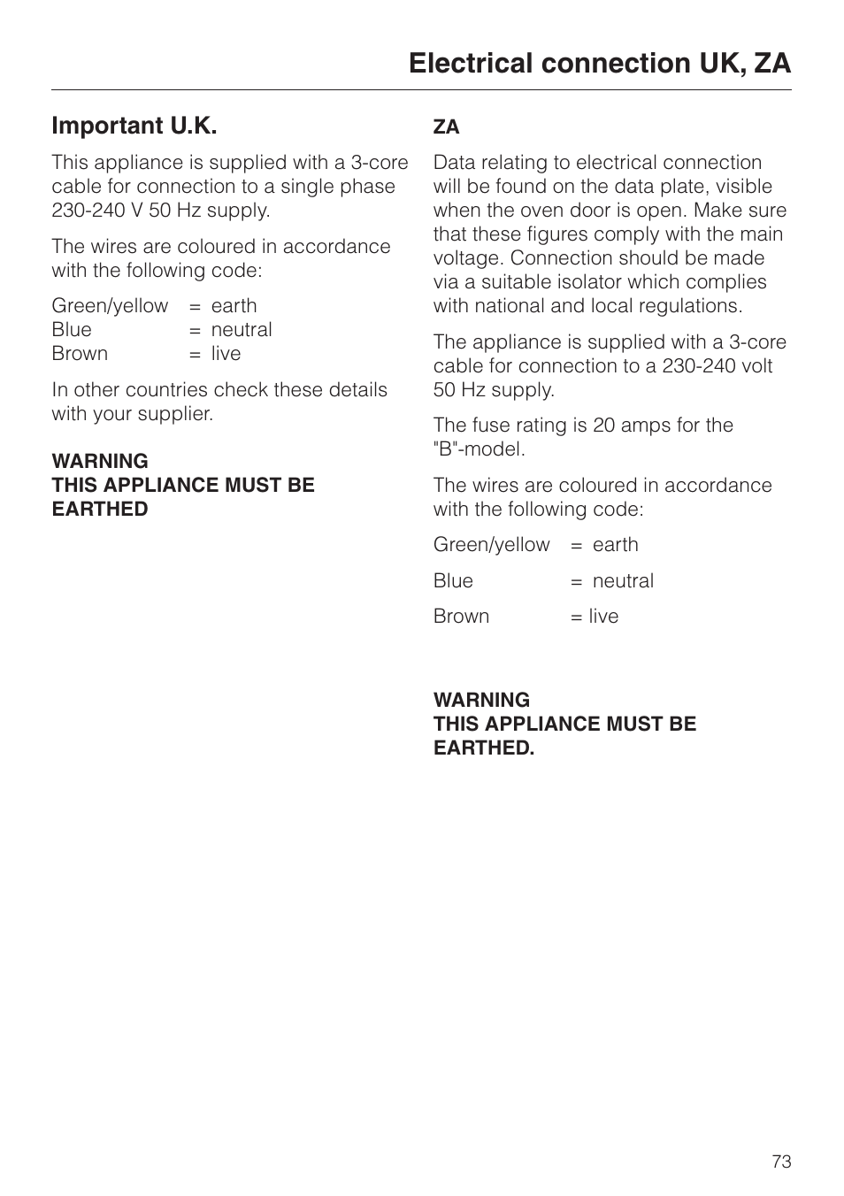 Electrical connection uk, za, Important u.k | Miele H334B User Manual | Page 73 / 76