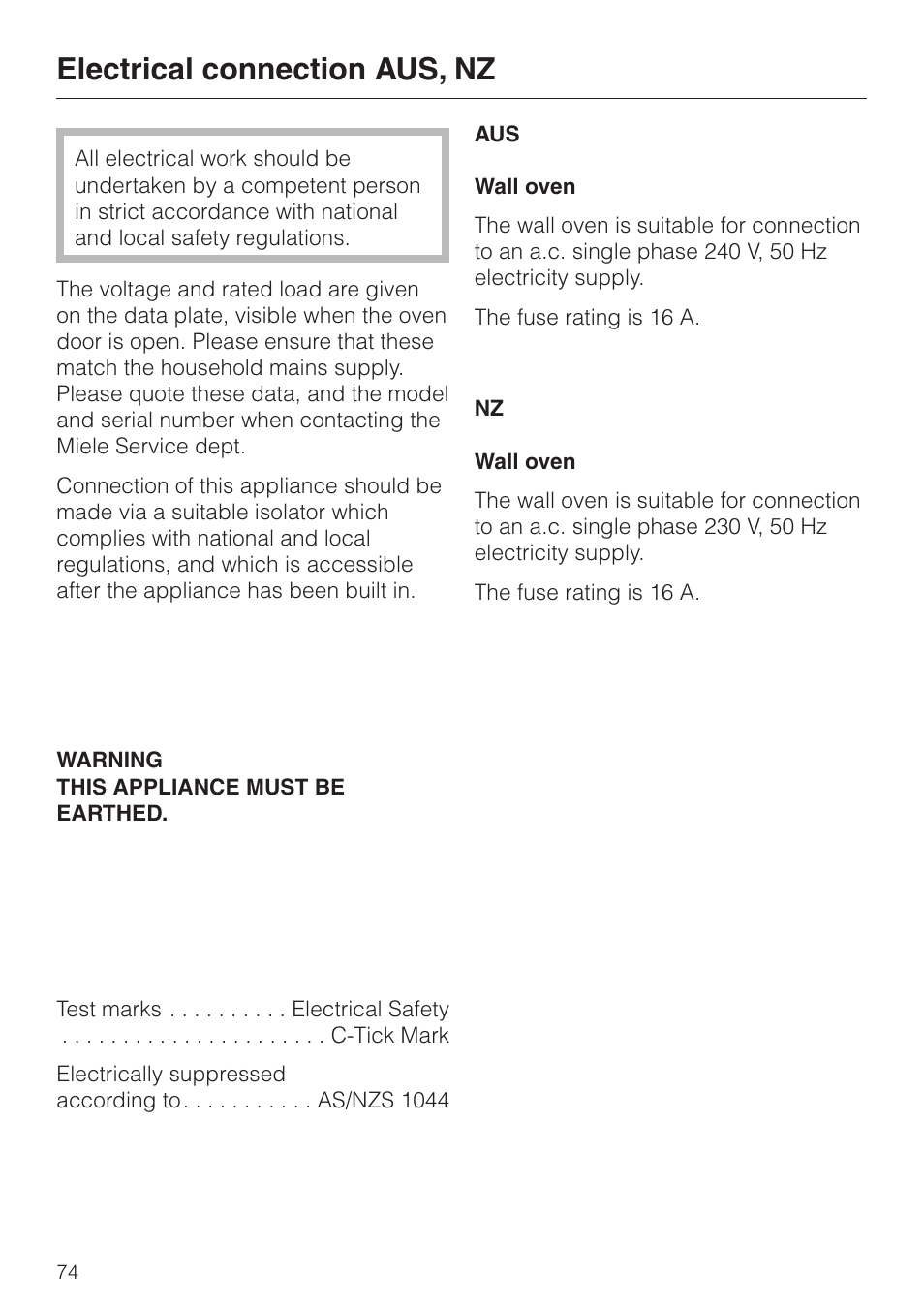 Electrical connection aus, nz 74, Electrical connection aus, nz | Miele H334B User Manual | Page 74 / 76