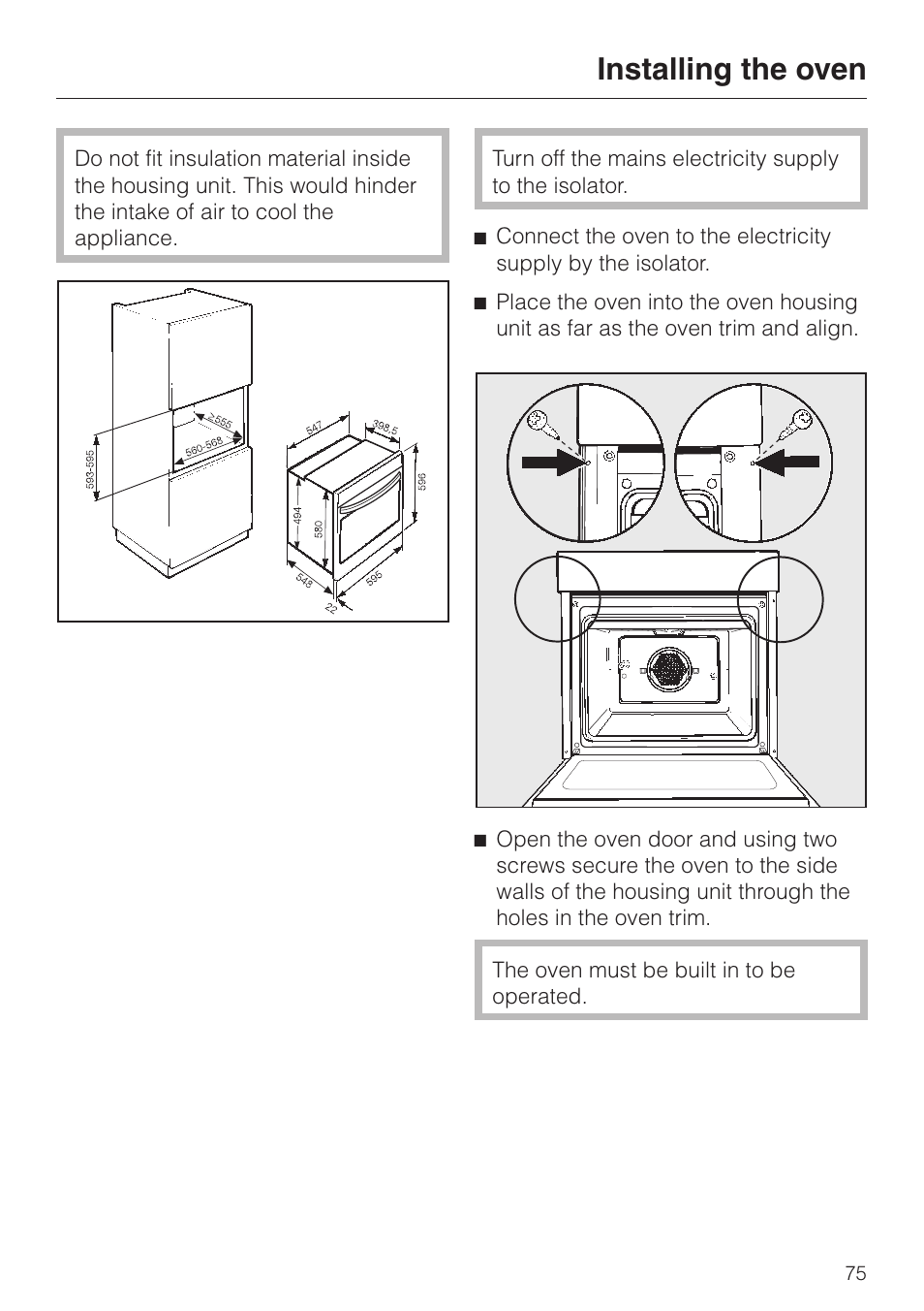 Installing the oven 75, Installing the oven | Miele H334B User Manual | Page 75 / 76