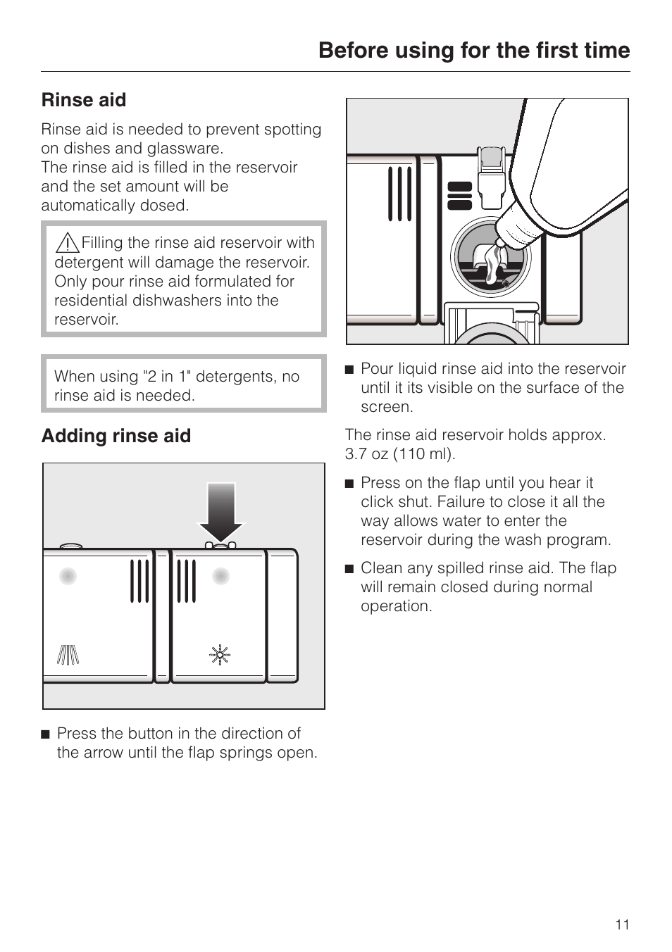 Rinse aid 11, Adding rinse aid 11, Before using for the first time | Rinse aid, Adding rinse aid | Miele G 2180 User Manual | Page 11 / 56