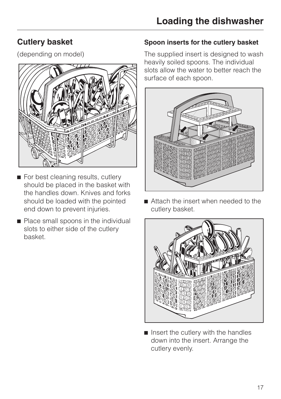 Cutlery basket 17, Loading the dishwasher, Cutlery basket | Miele G 2180 User Manual | Page 17 / 56