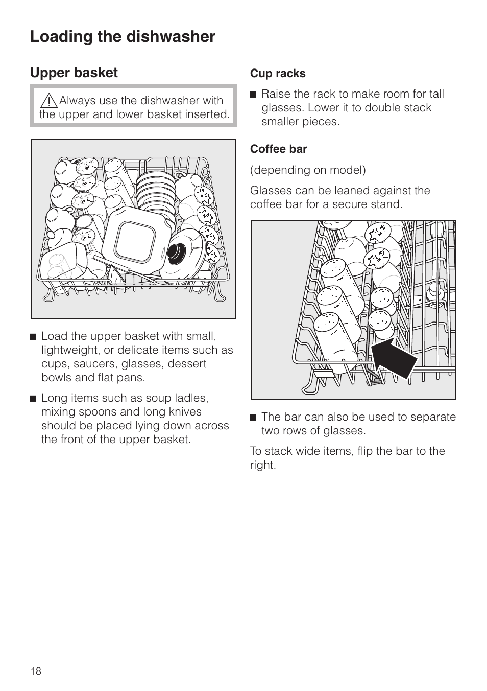 Upper basket 18, Loading the dishwasher, Upper basket | Miele G 2180 User Manual | Page 18 / 56