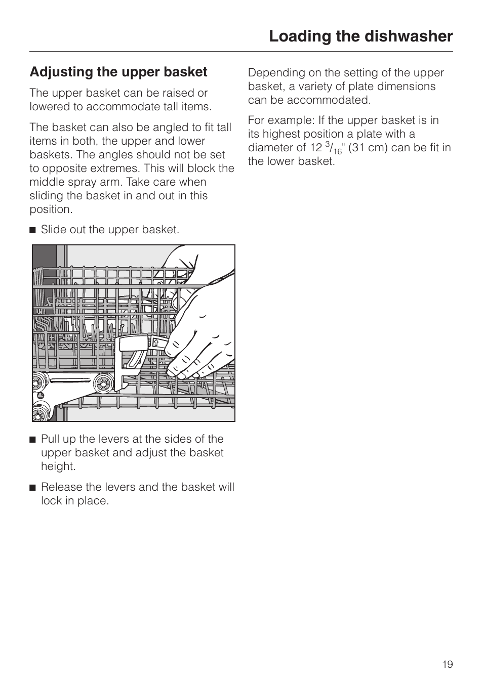 Adjusting the upper basket 19, Loading the dishwasher, Adjusting the upper basket | Miele G 2180 User Manual | Page 19 / 56