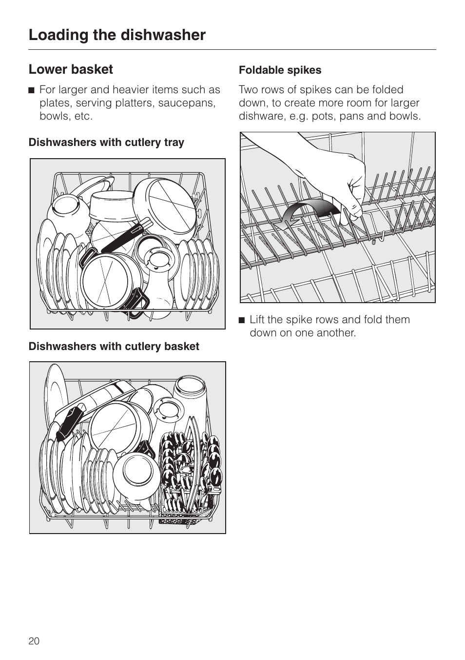Lower basket 20, Loading the dishwasher, Lower basket | Miele G 2180 User Manual | Page 20 / 56