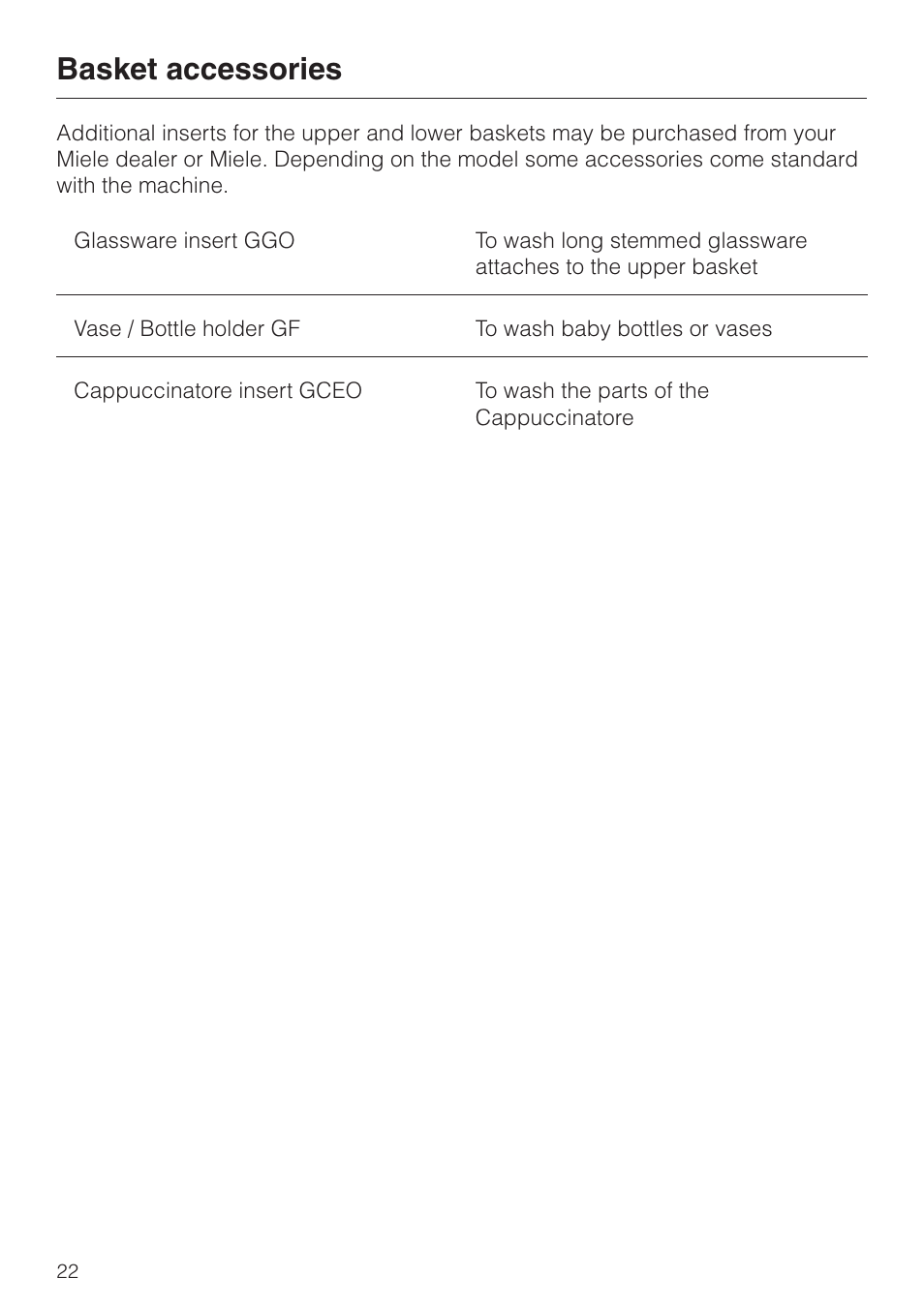 Basket accessories 22, Basket accessories | Miele G 2180 User Manual | Page 22 / 56