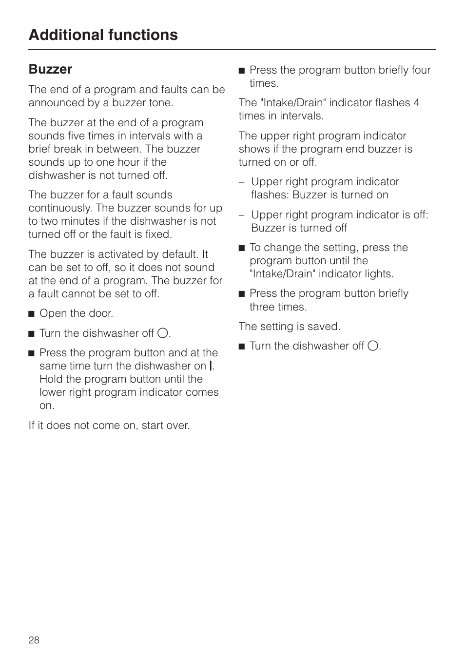 Additional functions 28, Additional functions, Buzzer | Miele G 2180 User Manual | Page 28 / 56