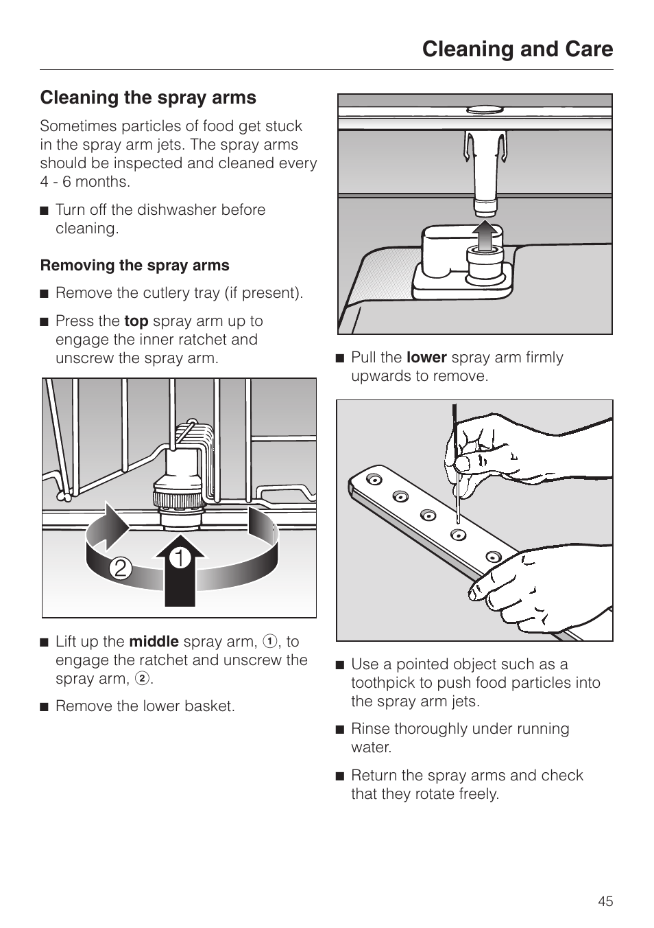 Cleaning the spray arms 45, Cleaning and care, Cleaning the spray arms | Miele G 2180 User Manual | Page 45 / 56