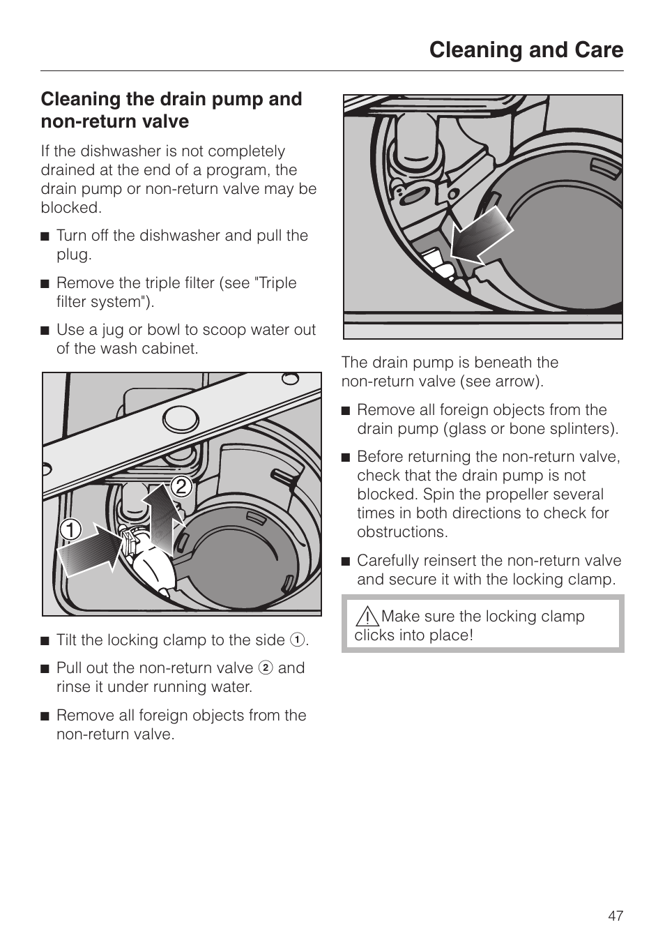 Cleaning the drain pump and non-return valve 47, Cleaning and care, Cleaning the drain pump and non-return valve | Miele G 2180 User Manual | Page 47 / 56