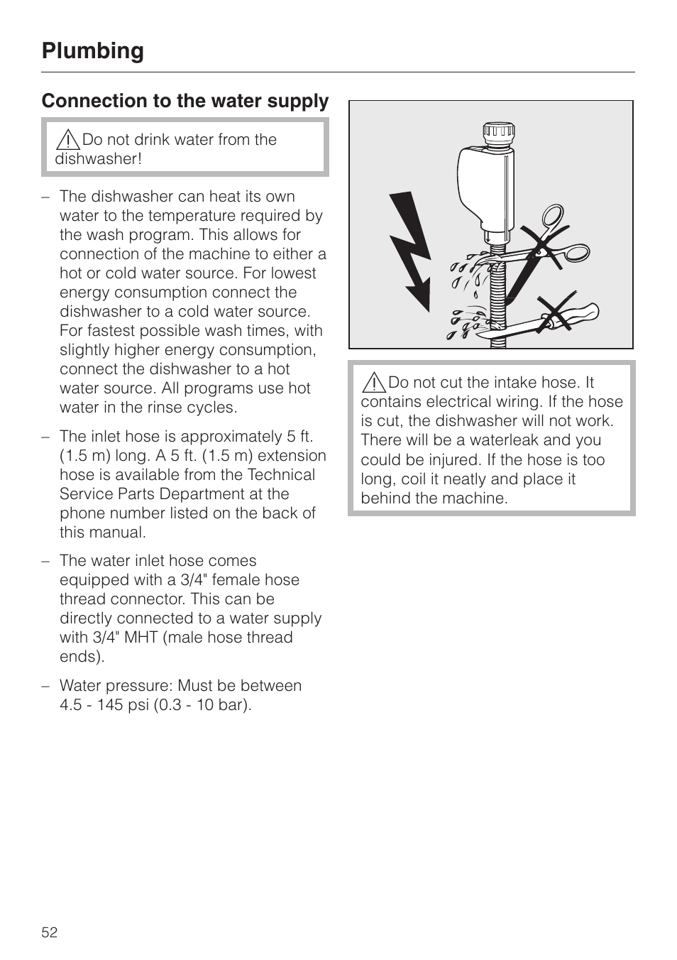 Plumbing 52, Connection to the water supply 52, Plumbing | Miele G 2180 User Manual | Page 52 / 56