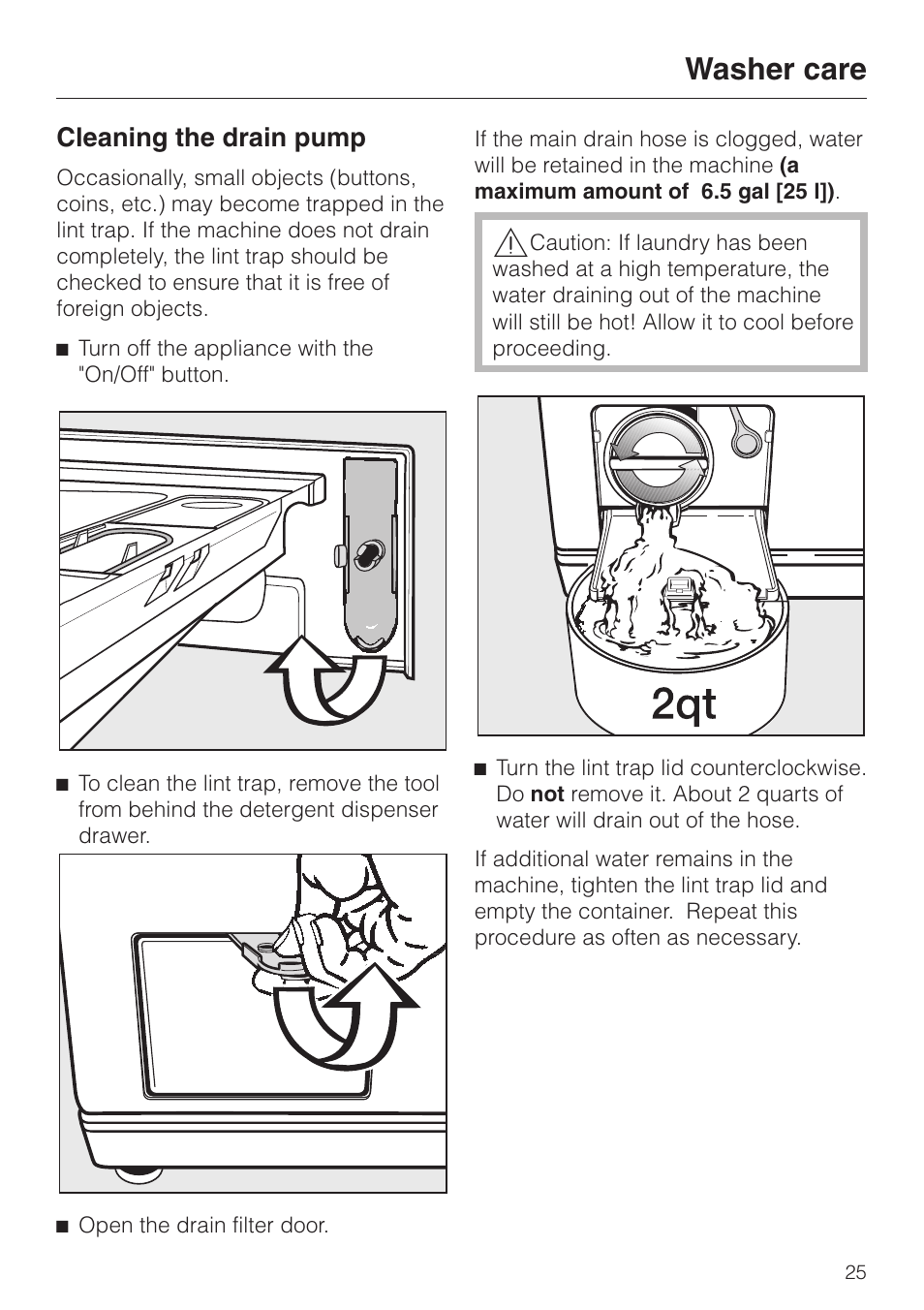 Cleaning the drain pump 25, Cleaning the drain pump, Washer care | Miele W1213 User Manual | Page 25 / 56