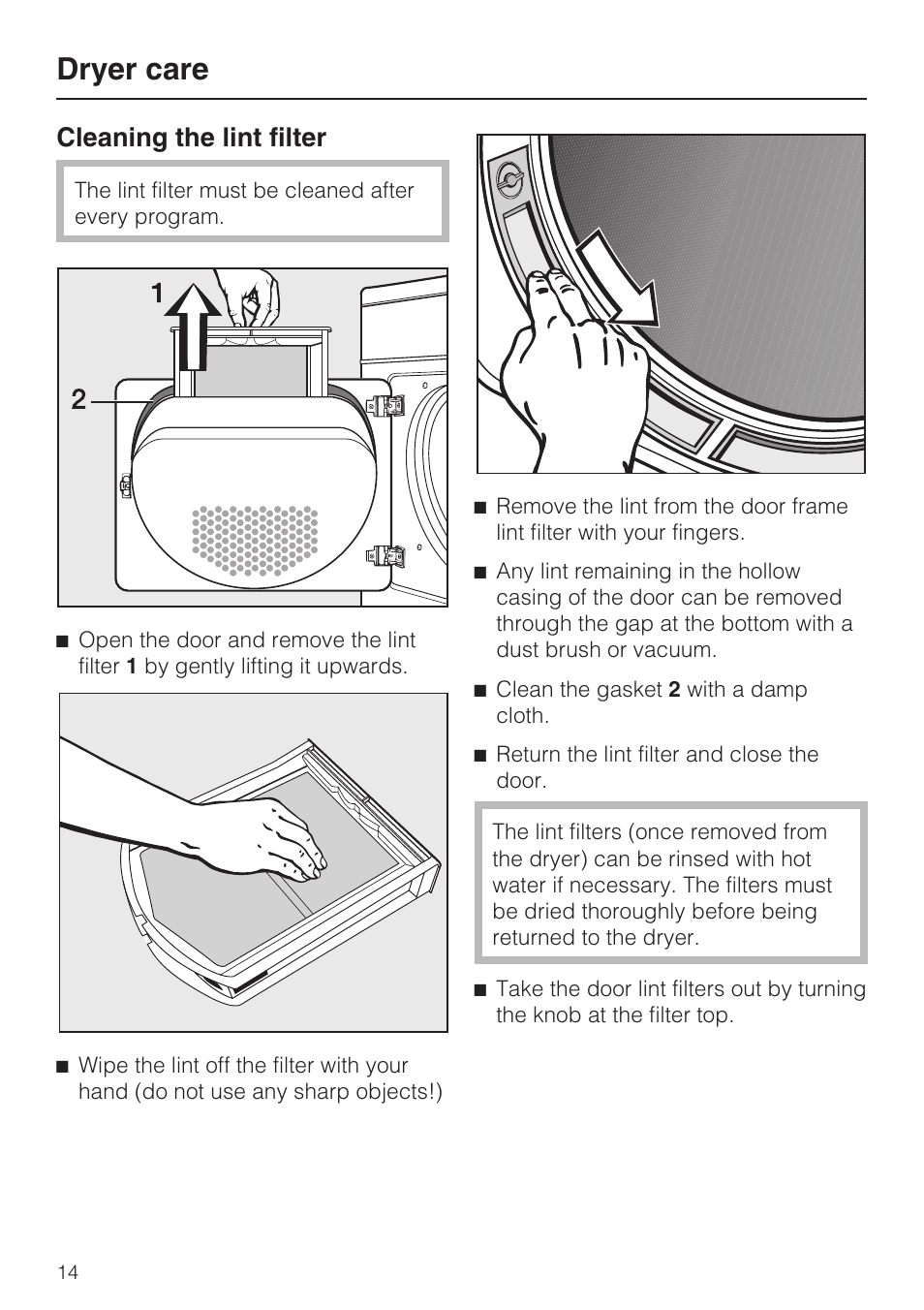 Dryer care 14, Cleaning the lint filter 14, Dryer care | Cleaning the lint filter | Miele T 8019 C User Manual | Page 14 / 44